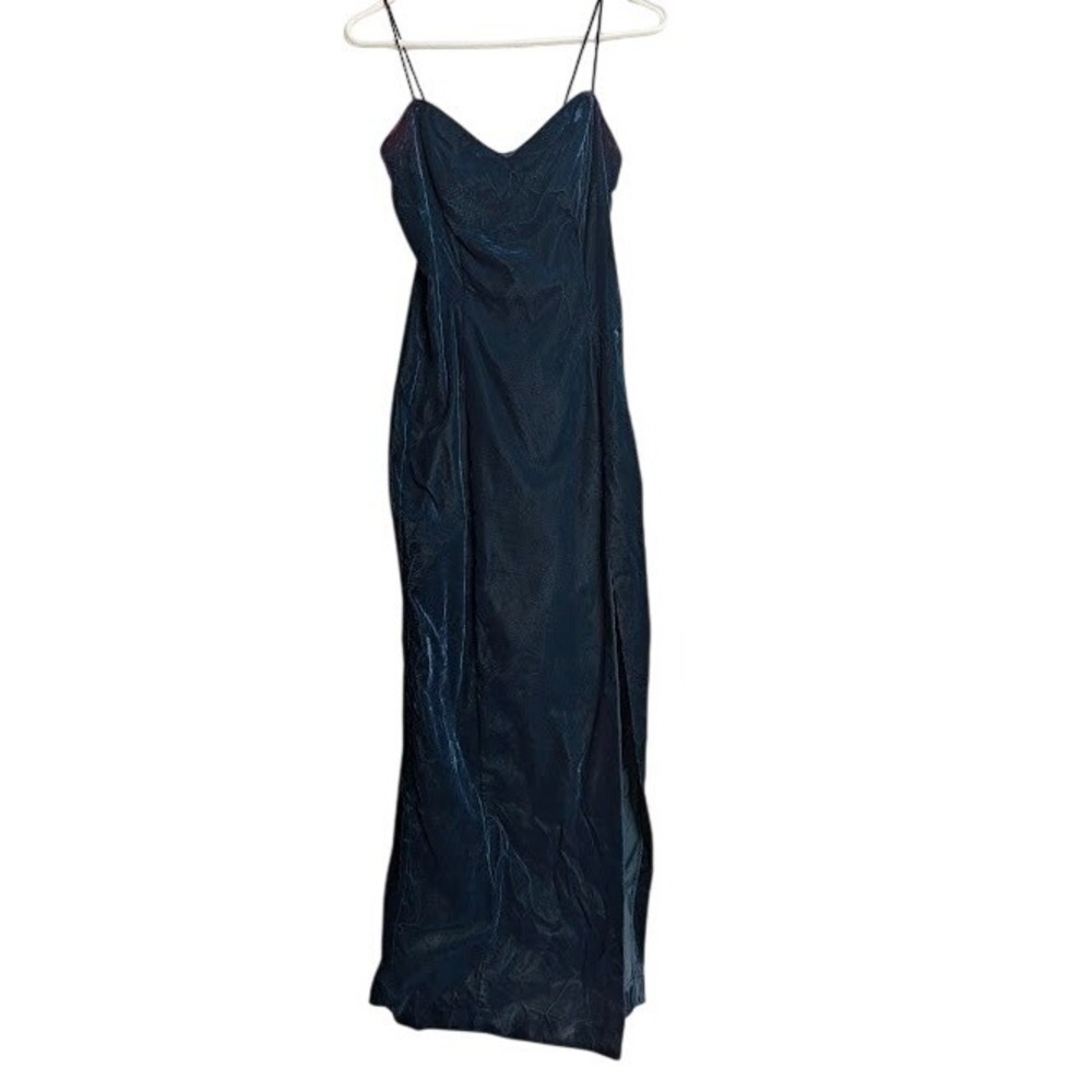 VTG De Laru Velvet Maxi Dress Teal Blue Green USA High Slit Prom Event 7-8‎ Y2K